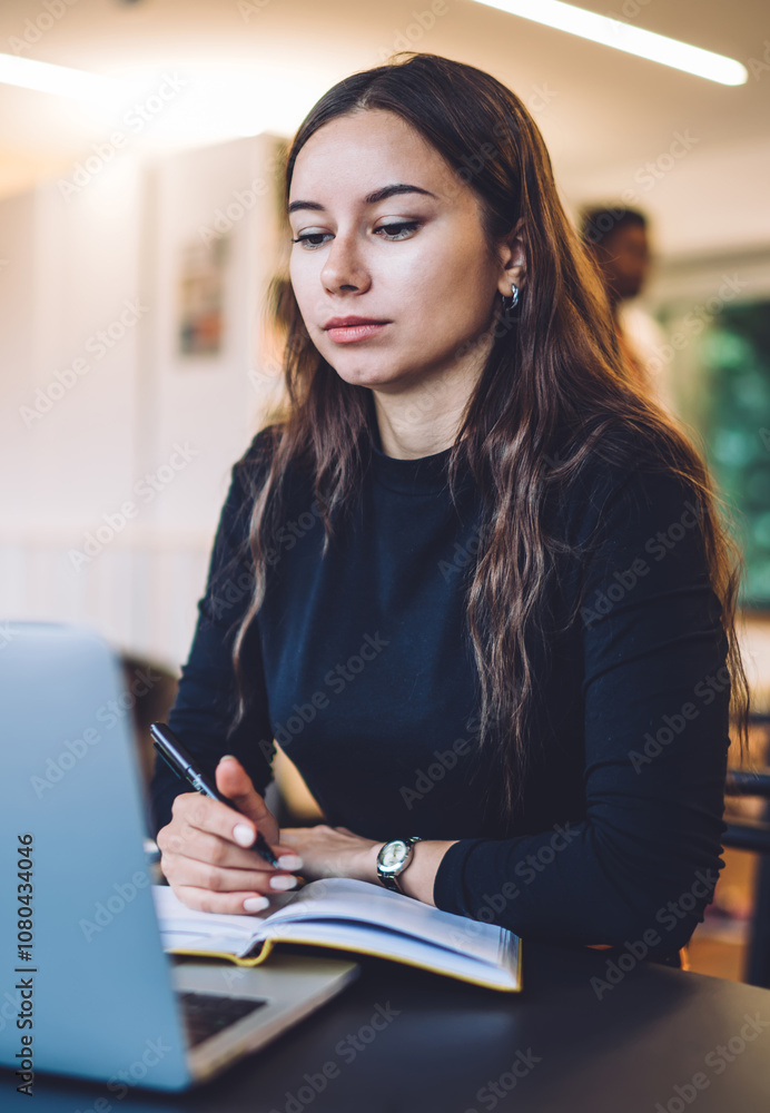 Poster millennial female reading knowledge news during web webinar on education website for progressive stu