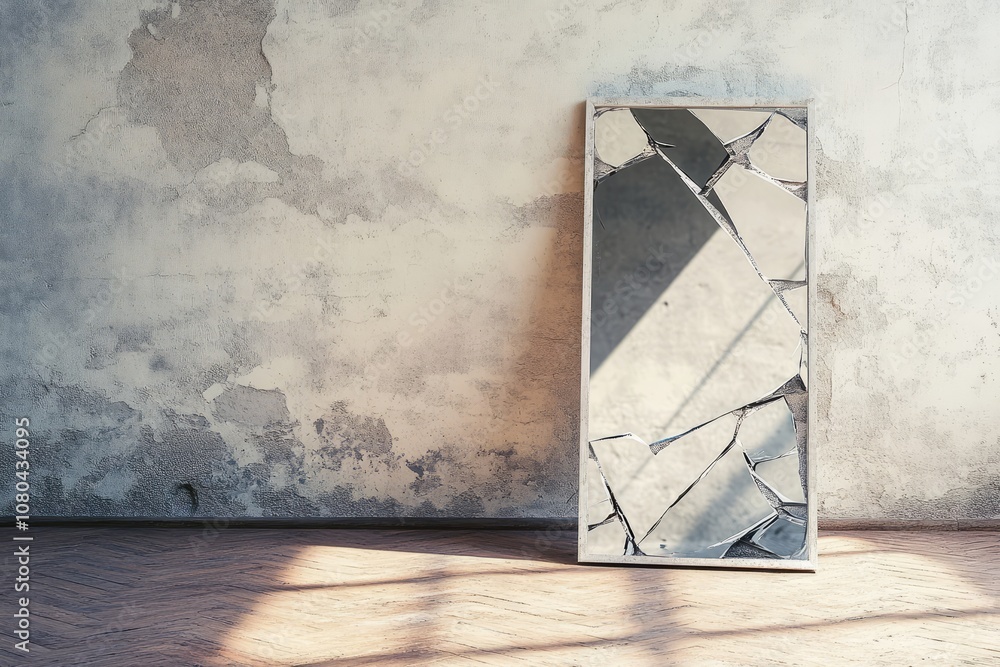 Poster a mirror is on a wall with a broken frame. the mirror is reflecting the sunlight coming in through a