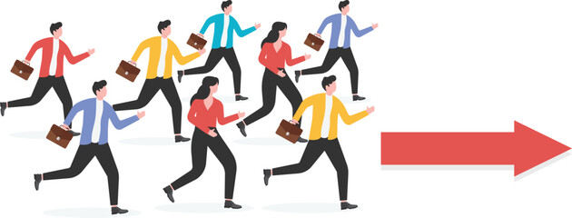 A group of businessmen run forward following a red arrow

