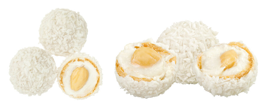 round candy raffaello with coconut flakes and nut isolated on white background. Top view. Flat lay.
