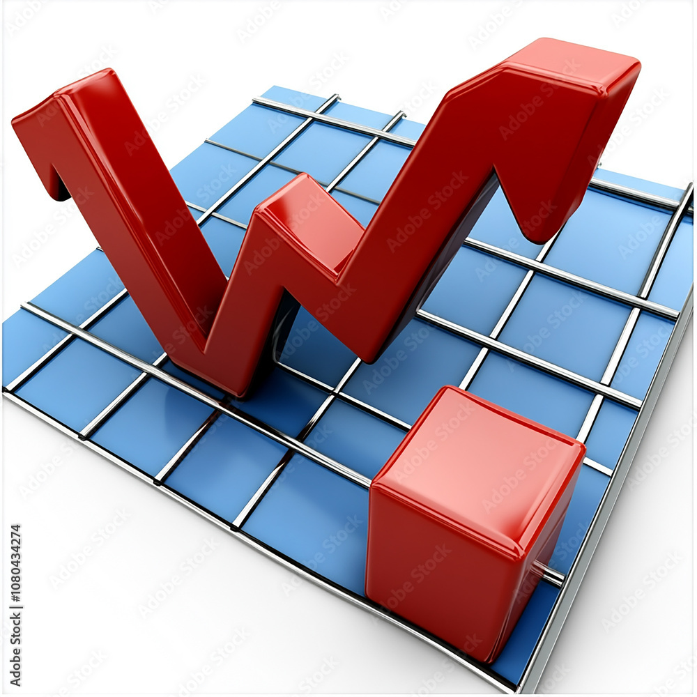 Poster red arrow pointing up on a blue grid showing growth.