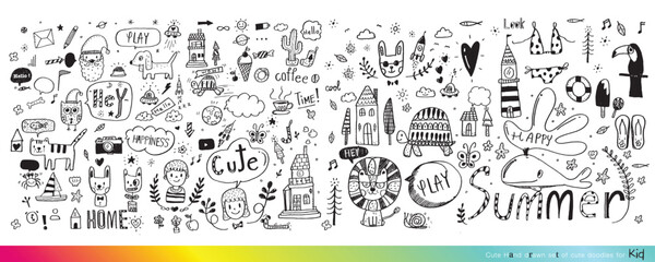 Collection of hand drawn cute doodles,Doodle children drawing,Sketch set of drawings in child style,Funny Doodle Hand Drawn,Page for coloring, cute animal hand drawn, cute Doodle