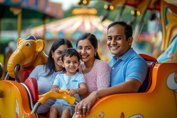 Family with different ethnic backgrounds having a fun day at an amusement park, colorful rides and smiling faces all around.