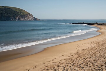Fototapeta premium Tranquil Coastal Beach with Soft Golden Sands and Gentle Ocean Waves