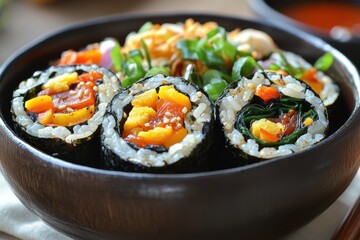 Close-up of three kimchi gimbap rolls. This photo showcases a variety of Korean ingredients and can be used in a blog post about Korean cuisine or a recipe for kimchi gimbap.