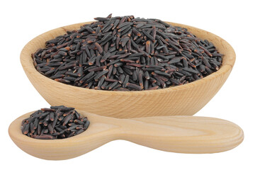 Black rice in a wooden bowl and spoon isolated on white background with full depth of field