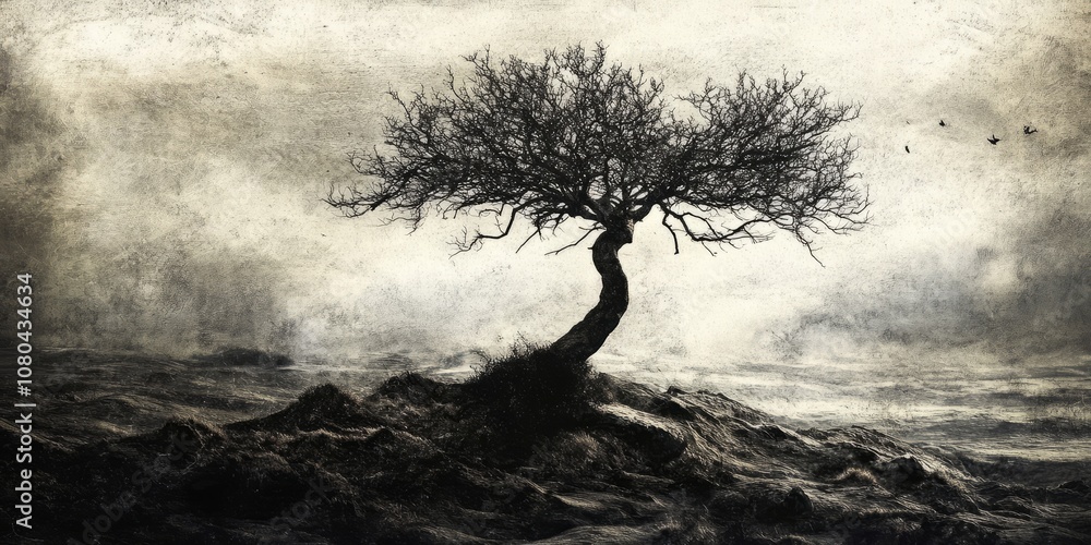 Poster a tree is standing on a rocky hillside. the sky is cloudy and the tree is the only thing visible