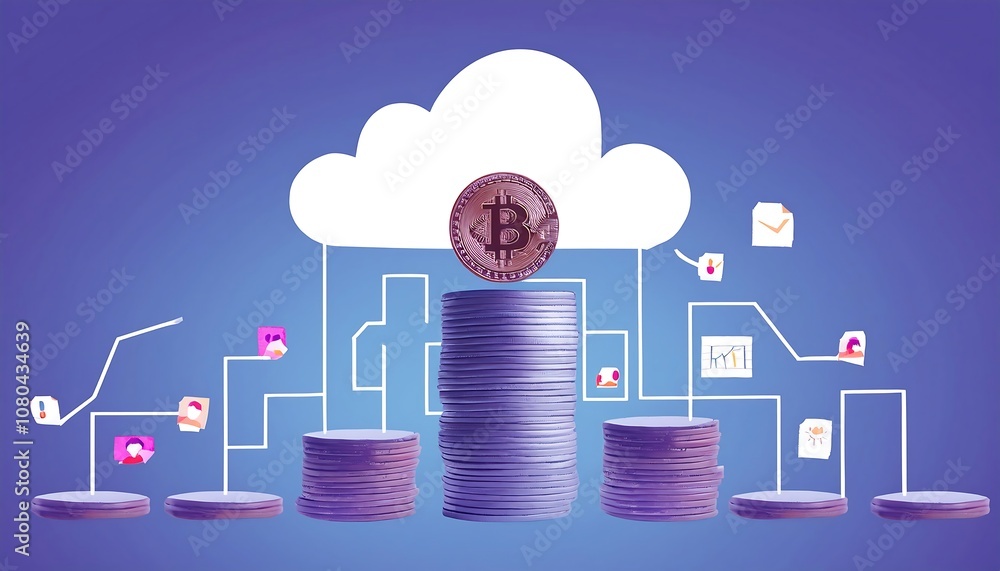 Aufkleber stack of coins symbolizing growing expenses in cloud computing, the background features subtle cloud