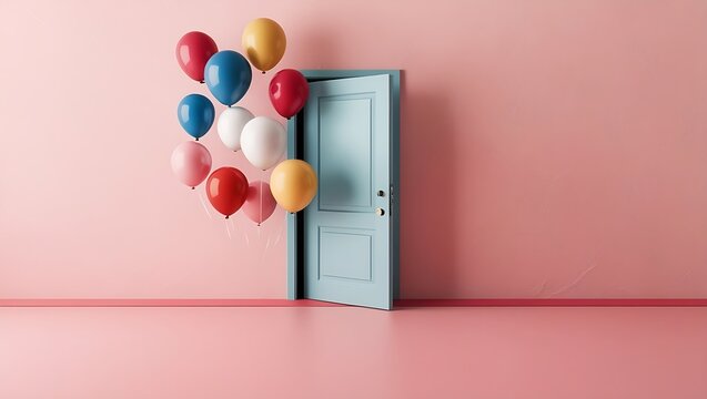 Surreal Whimsical Artwork – Partially Open Blue Door on Soft Pink Wall with Colorful Balloons Emerging, Pastel Palette, Playful Atmosphere, and Balanced Composition