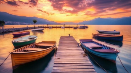 Fototapeta premium Scenic dock at sunset, boats moored, warm evening colors, calm water reflecting the sky, tranquil and serene, peaceful atmosphere, relaxing and inviting