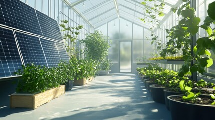 Obraz premium Modern greenhouse with solar panels, sustainable agriculture, green plants growing inside, bright and airy, eco-friendly technology