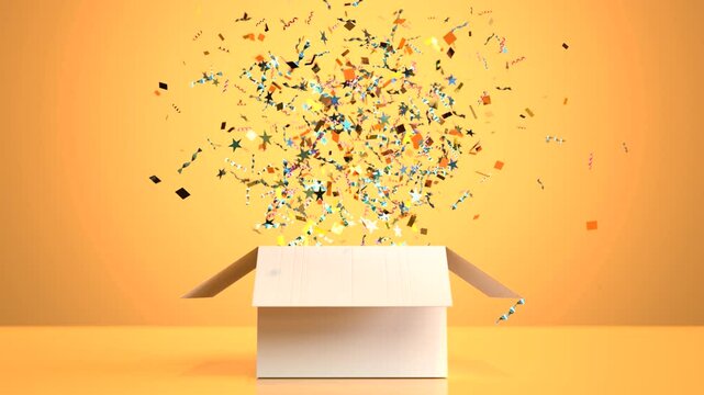 The box opens and colored confetti floats up