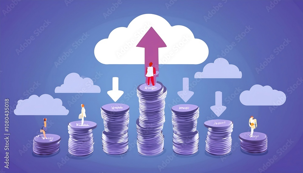 Aufkleber stack of coins symbolizing growing expenses in cloud computing, the background features subtle cloud