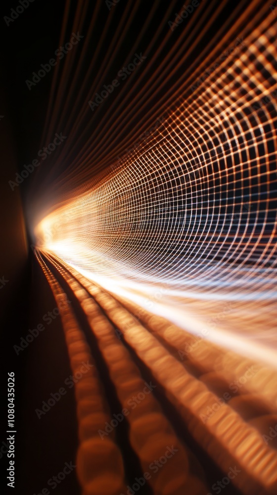 Poster Captivating abstract image of light trails forming dynamic patterns in a dark tunnel, showcasing motion and warm tones.