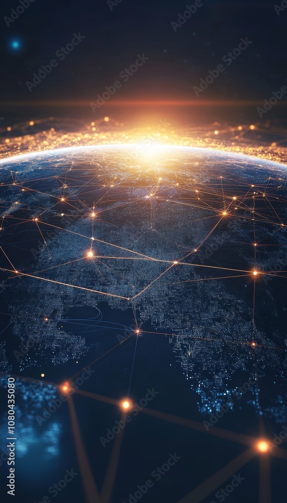 Poster artistic representation of earth enveloped in glowing communication lines and digital signals