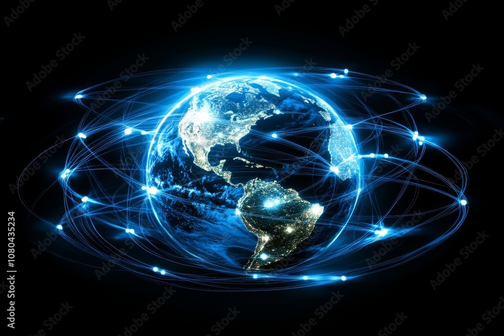 Poster artistic representation of earth enveloped in glowing communication lines and digital signals