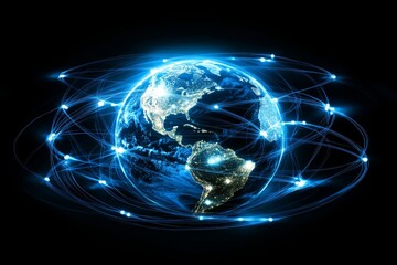 Artistic representation of earth enveloped in glowing communication lines and digital signals