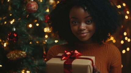 Black girl holding a wrapped present in front of a Christmas tree, cozy holiday lights in the background,