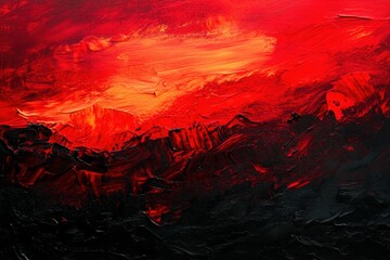 Fototapeta premium Richly textured acrylic background featuring bold reds and deep blacks, reflecting the intensity and drama of a fiery sunset over a rugged landscape