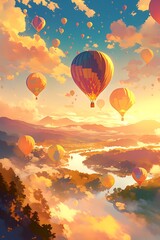 Fototapeta premium A cluster of hot air balloons floating above a valley with a river snaking through the landscape