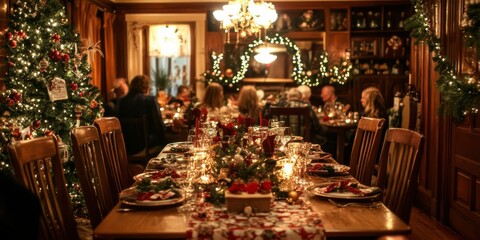 Wide shot of a beautifully decorated dining room where guests are seated, highlighting the holiday-themed table runners in use.