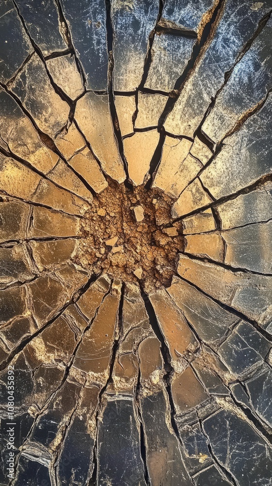 Poster detailed view of a cracked tree stump showcasing unique patterns and textures in warm sunlight.