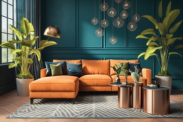 Modern Living Room Interior with Orange Sectional Sofa and Teal Walls