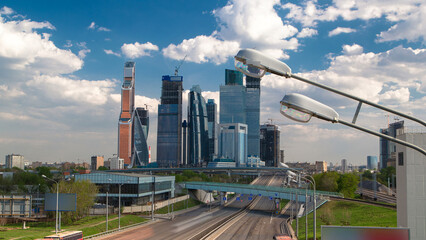 Skyscrapers International Business Center City at cloudy day timelapse hyperlapse, Moscow, Russia