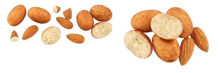 Marzipan balls or potatoes with almond isolated on white background full depth of field. Top view with copy space for your text. Flat lay