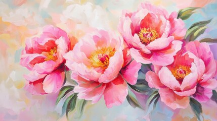 Pink peonies in bloom, close-up on soft petals, bright colors, delicate and fresh floral arrangement, vibrant and lush flowers