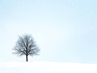 Fototapeta premium A minimalist winter landscape with a lone tree and falling snowflakes against a pale blue sky, evoking peace and tranquility. A tranquil winter scene.
