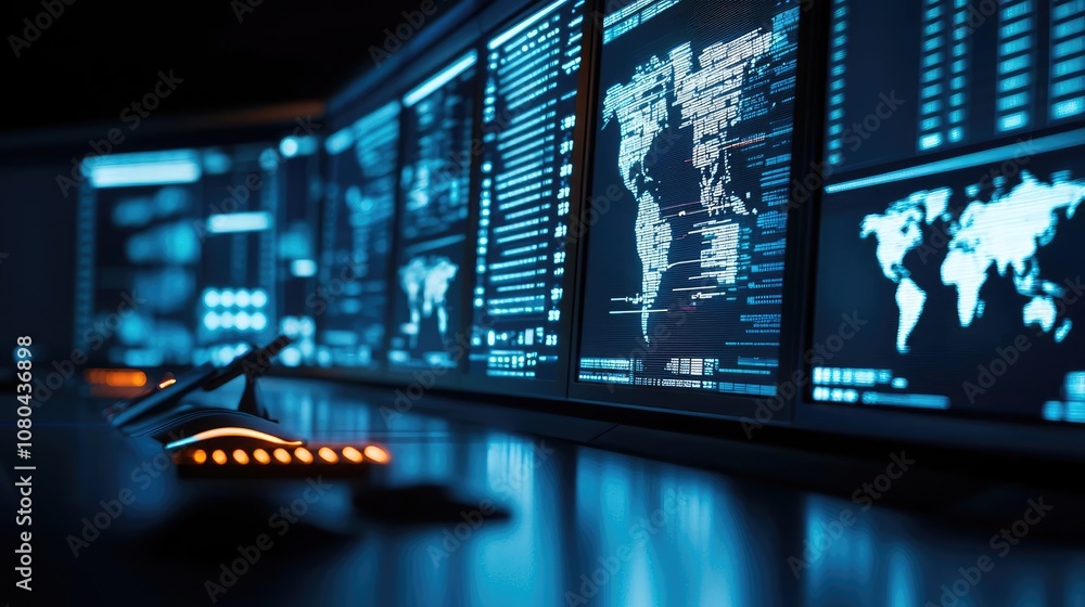 Poster high-tech control room with digital screens and data visualizations.