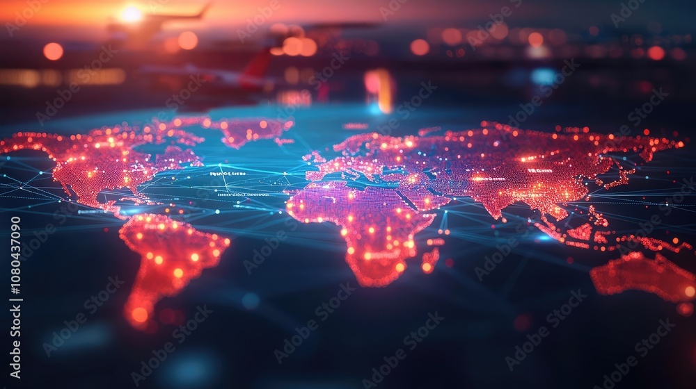Poster digital map of the world with glowing connections and networks, futuristic style.