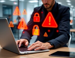 A person types on a laptop in a modern office, with holographic warning symbols—like red and yellow exclamation marks, locks, and alert triangles—glowing above the screen to signify a cybersecurity th