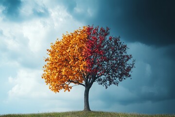 A striking tree showcasing both autumn and winter foliage under a dramatic sky, illustrating the beauty of seasonal change.
