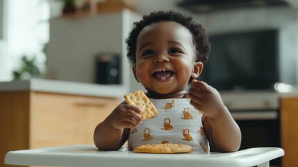 content african-american toddler with chubby cheeks holding a cracker at a high chair in a modern kitchen under soft daylight