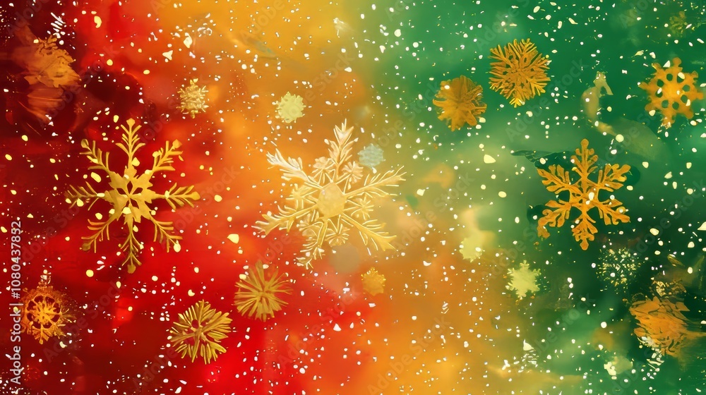 Poster a colorful background with snowflakes and a red and green color scheme. the snowflakes are scattered