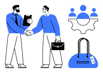 Businessmen shaking hands, one holding notebook and other briefcase, team icon with gear and three people, handbag with price tag. Ideal for partnership, teamwork, professionalism, retail, commerce