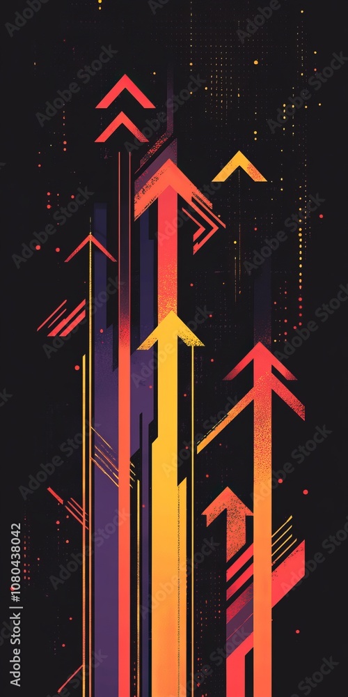Poster dynamic abstract digital artwork featuring colorful arrows and geometric shapes on a dark background