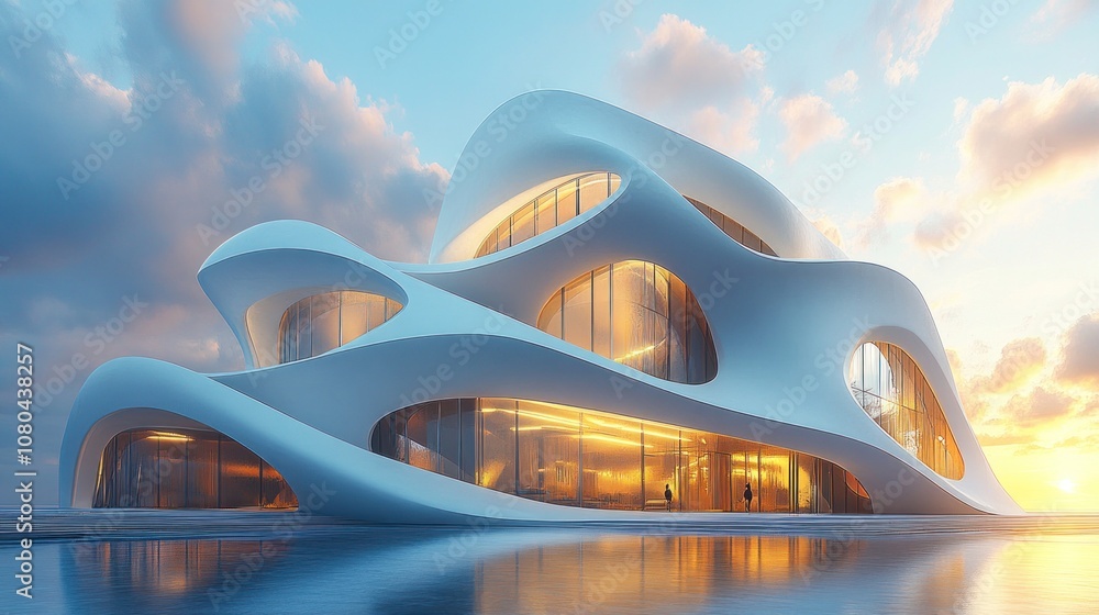 Poster Futuristic architectural design with fluid shapes and large windows.