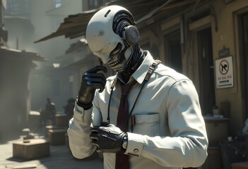 A cyborg putting on a shirt and tie, getting ready for work