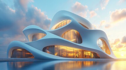 Obraz premium Futuristic architectural design with fluid shapes and large windows.