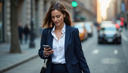 Fototapeta premium A confident professional woman in a business suit is smiling while holding her smartphone outdoors. The image captures a sense of professionalism and success in a modern urban setting.
