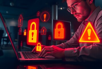 A person types on a laptop in a modern office, with holographic warning symbols—like red and yellow exclamation marks, locks, and alert triangles—glowing above the screen to signify a cybersecurity th