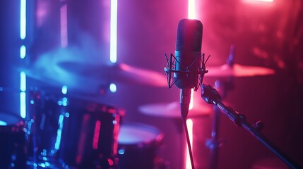 Obraz premium A microphone stands in front of a drum set, illuminated by colorful lights, suggesting a music recording session.