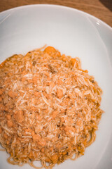 Close-up of delicious crab roe noodles