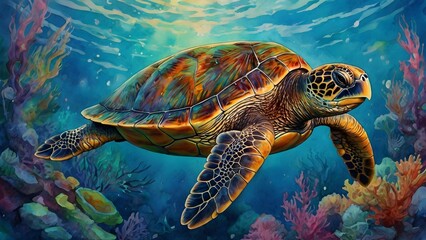 Obraz premium Underwater Serenity: A Colorful Sea Turtle in the Deep