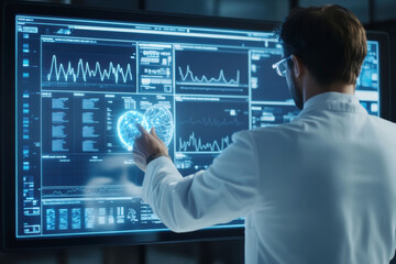 Scientist analyzing data on futuristic digital interface for advanced medical research