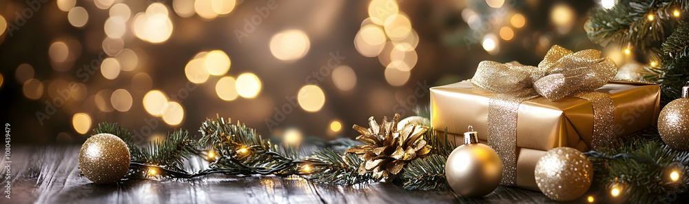 Poster golden bokeh effect with sparkling lights in a festive setting -