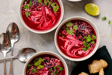Warming Cream of Beet Soup with Ginger, Lime and Cilantro